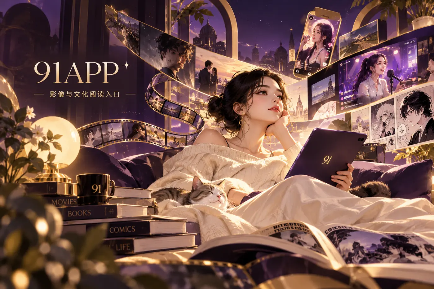 深葡萄紫和金色线条构成的杂志主题封面